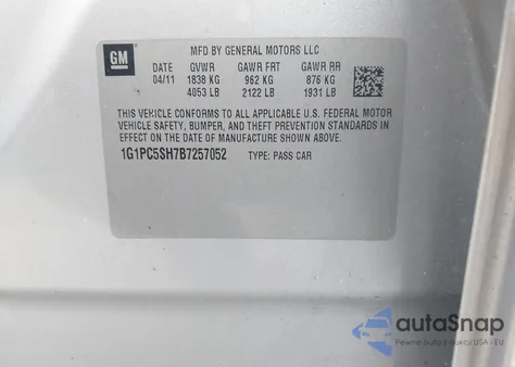 2011 Chevrolet Cruze Ls из США, поврежденный, VIN 1G1PC5SH7B7257052